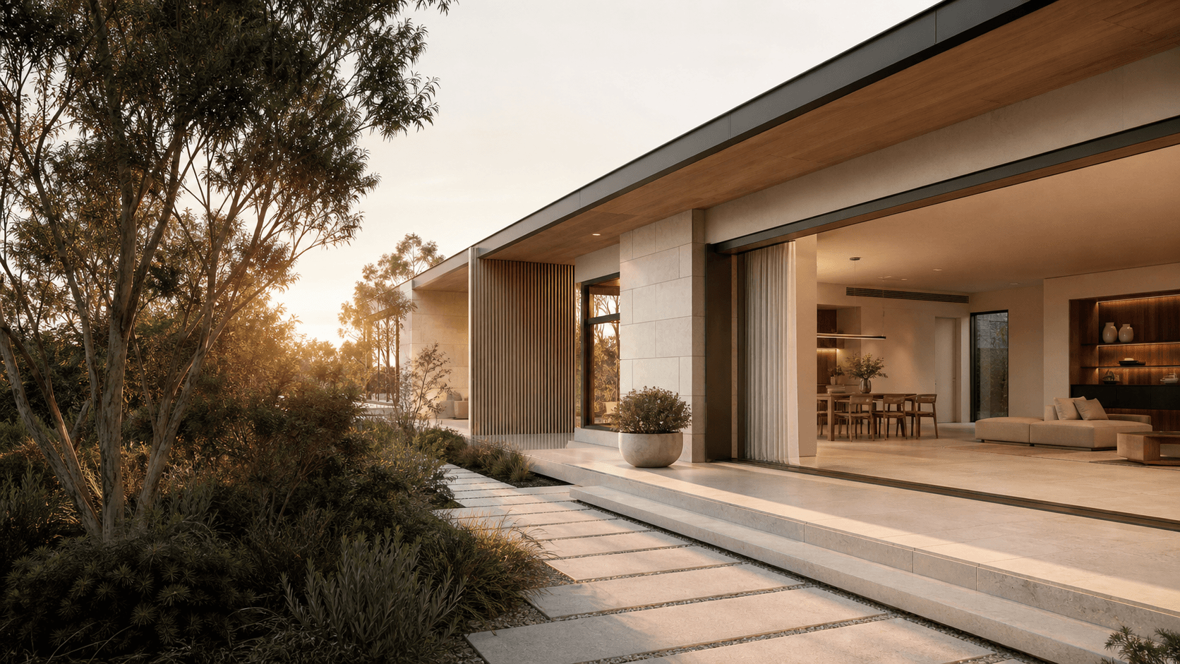 Contemporary Australian home set within a native garden at sunset